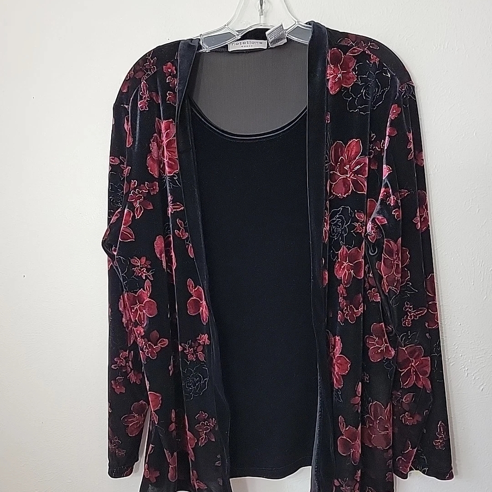 VintageNotations Black Cardigan with Red Floral Pattern Velvet Sparkle Twinset